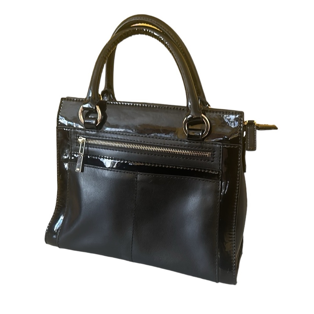 Karen Millen Black Patent Leather Structured Satchel Double Handle Tote Bag